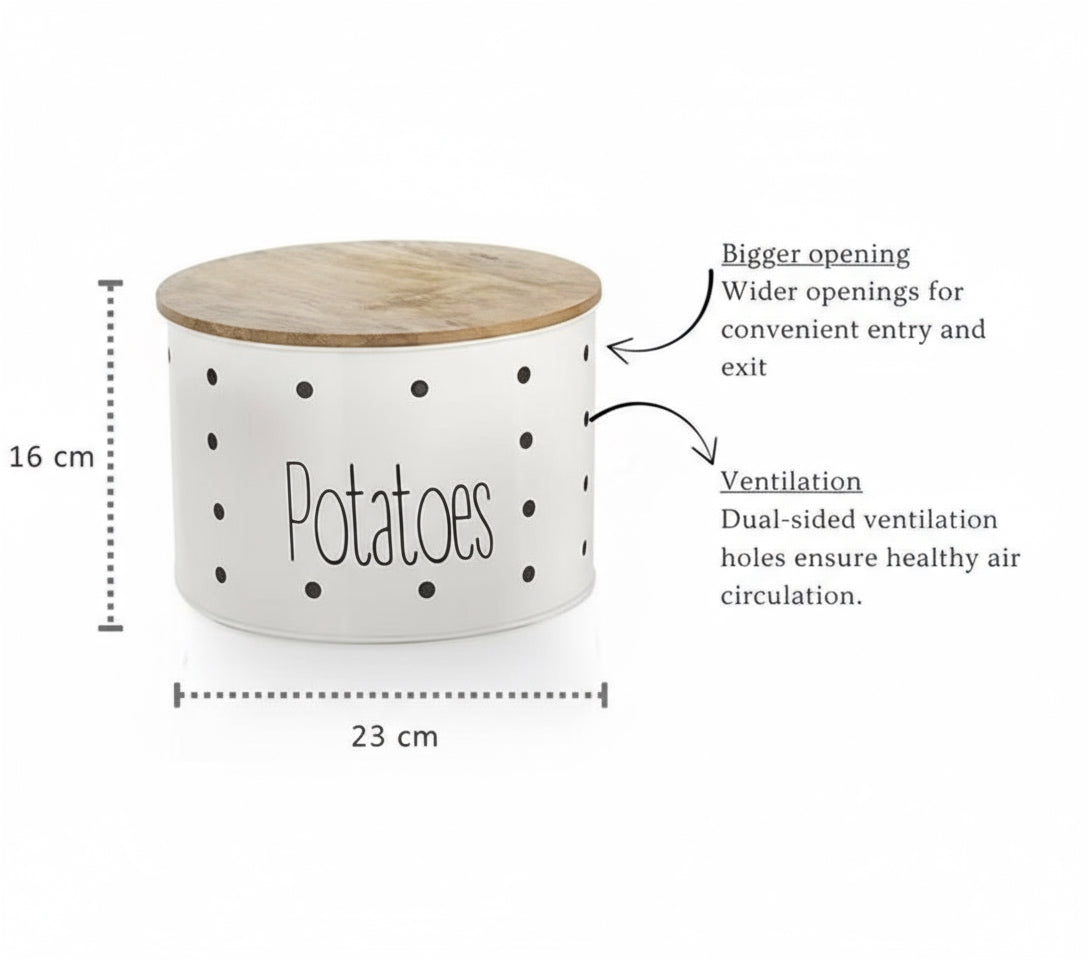 Name: Premium Ventilated White Metal Potato Storage Container with Natural Wooden Lid - Stylish Kitchen Organizer for Extended Freshness of Potatoes, Onions & Garlic