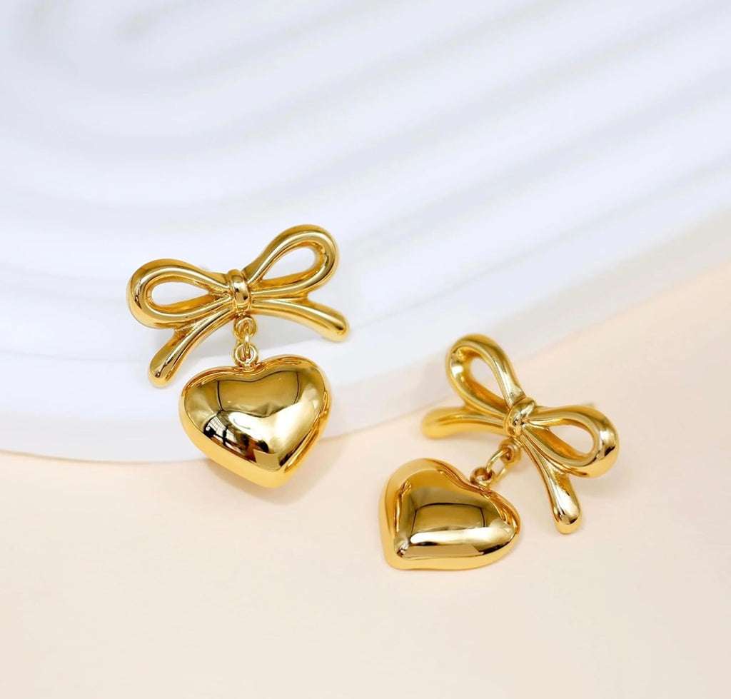 Gold Plated and Anti Tarnish Bow Knot Heart Shape Earrings for Women & Girls | Stylish Party Wear Jewellery