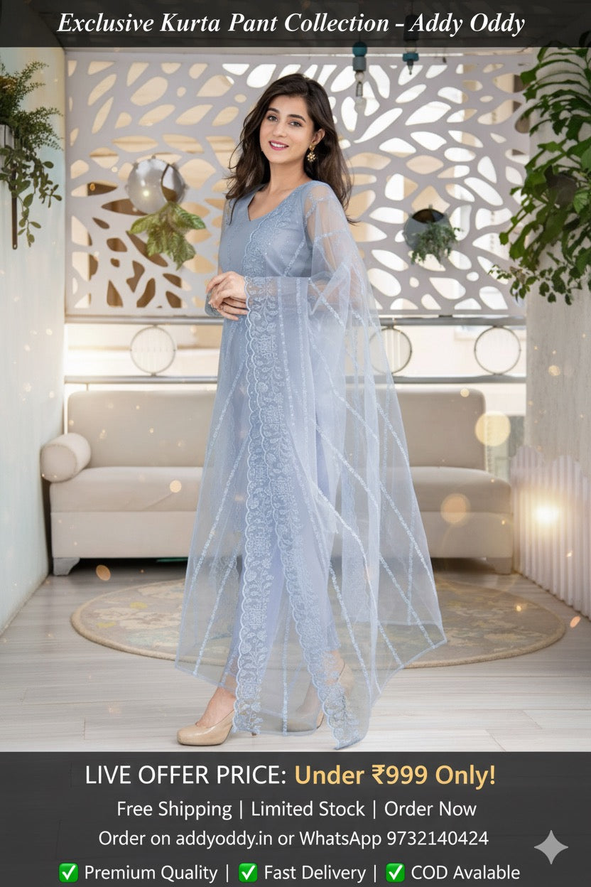 Women Cotton Rayon, Net Kurta Pant Dupatta Set