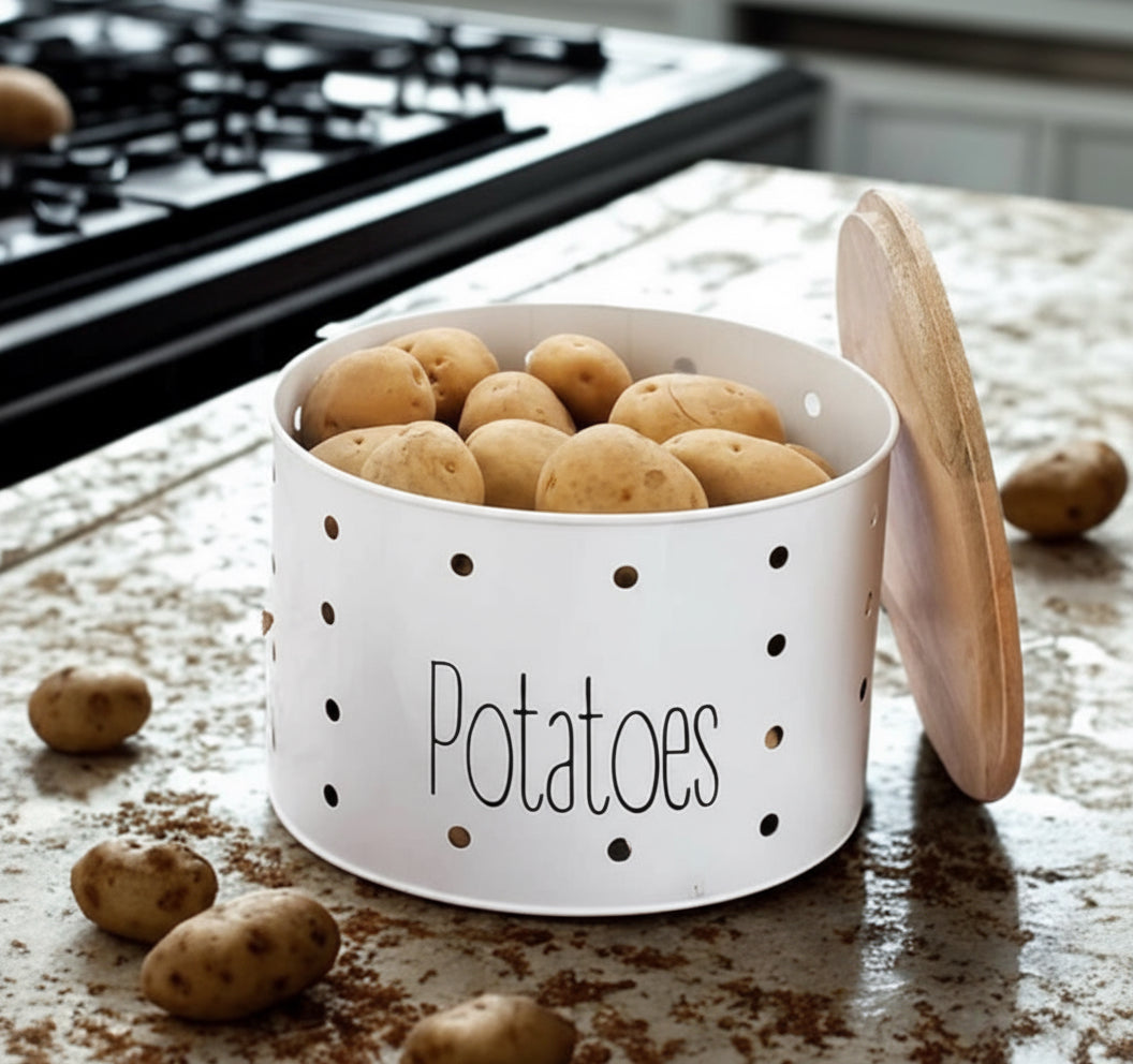 Name: Premium Ventilated White Metal Potato Storage Container with Natural Wooden Lid - Stylish Kitchen Organizer for Extended Freshness of Potatoes, Onions & Garlic