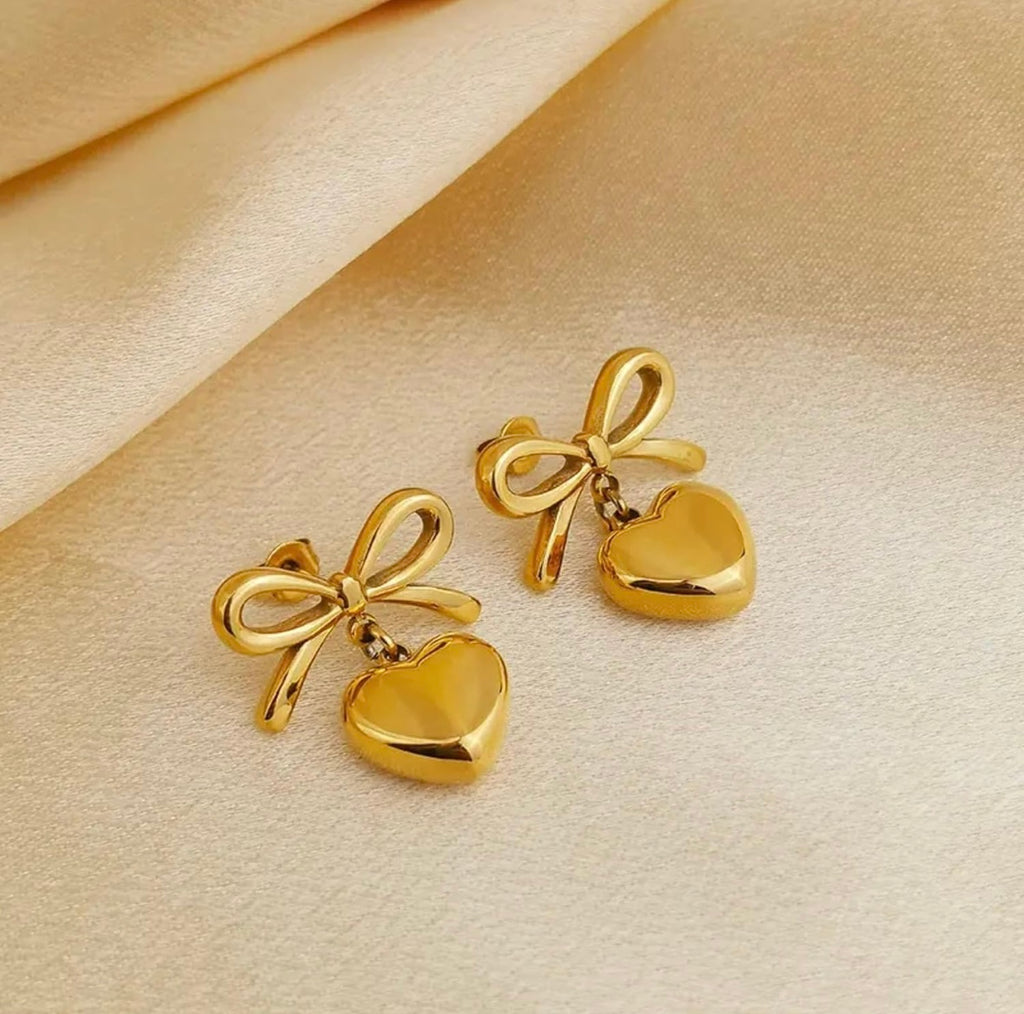 Gold Plated and Anti Tarnish Bow Knot Heart Shape Earrings for Women & Girls | Stylish Party Wear Jewellery