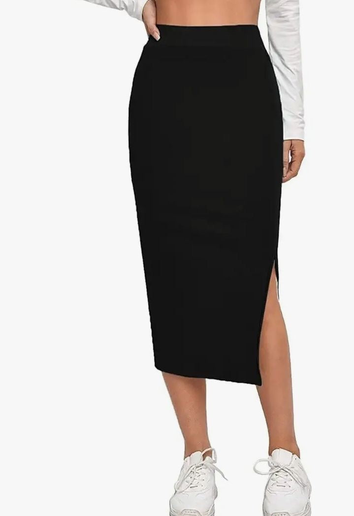 Women's Elastic Waist Pencil Bodycon Midi Skirt - High Waisted with Side Slit below Knee Length Elegance for Women
