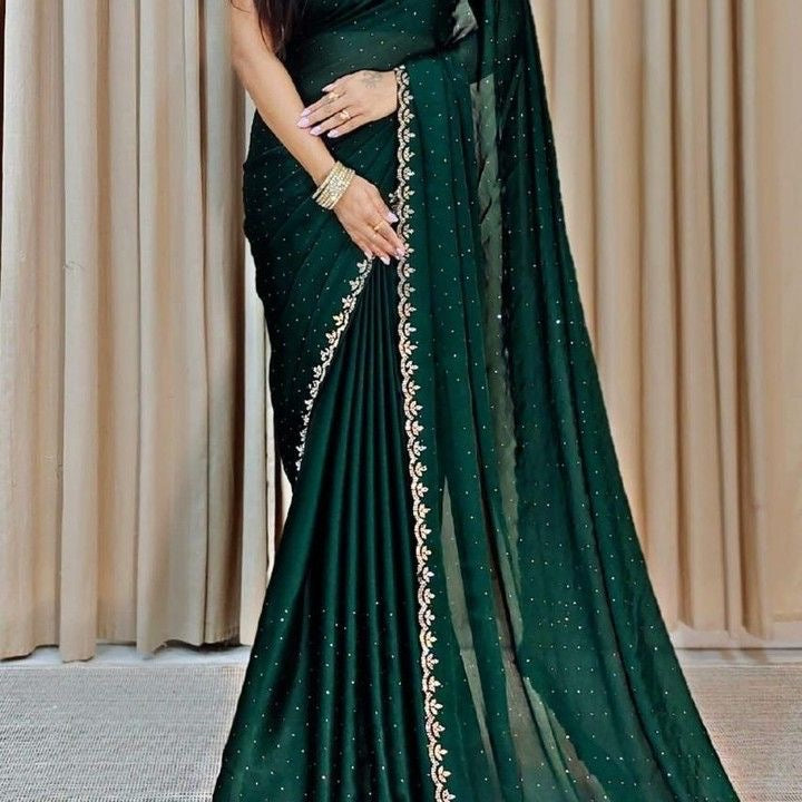 Trending New Satin Silk Saree With Beads And Stone Work Border Lace And Fancy Work Blouse