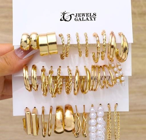 Jewels Galaxy Gold Plated Set Of 18 Pairs Of Hoop And Pearl Earrings