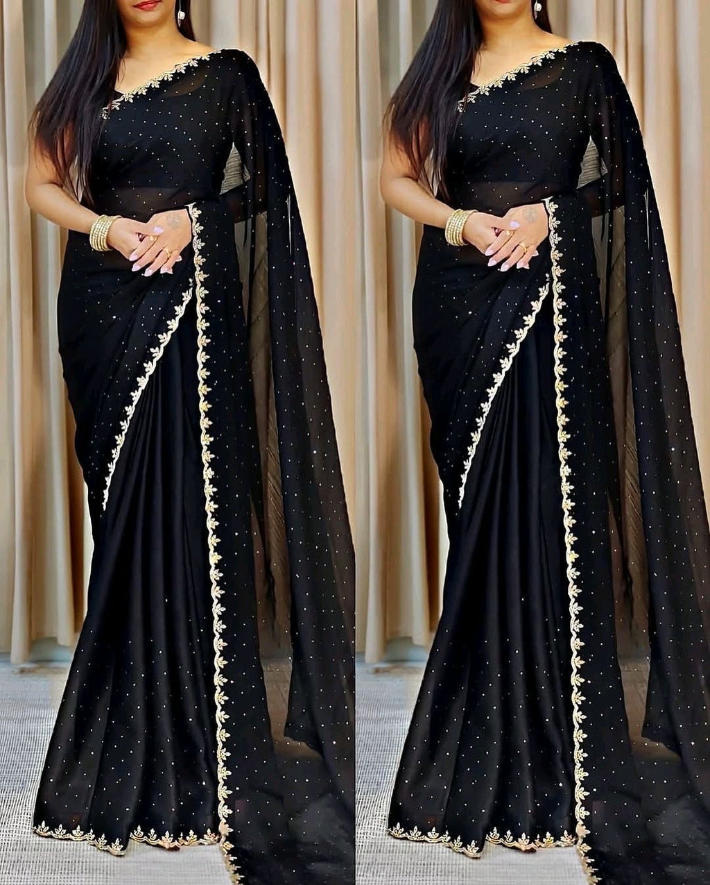 Trending New Satin Silk Saree With Beads And Stone Work Border Lace And Fancy Work Blouse