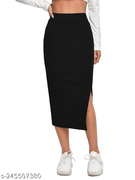 Women's Elastic Waist Pencil Bodycon Midi Skirt - High Waisted with Side Slit below Knee Length Elegance for Women