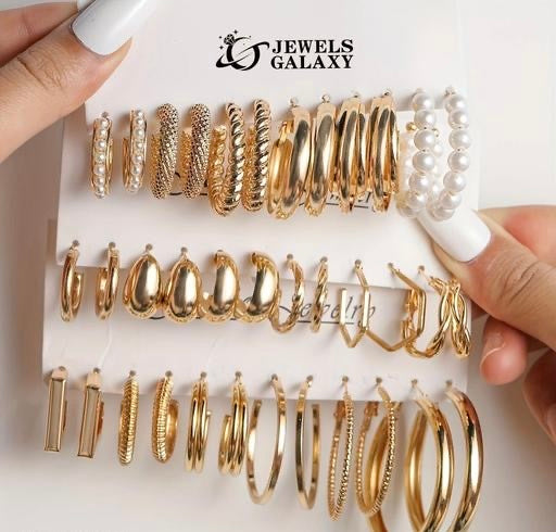 Jewels Galaxy Gold Plated Set Of 18 Pairs Of Hoop And Pearl Earrings