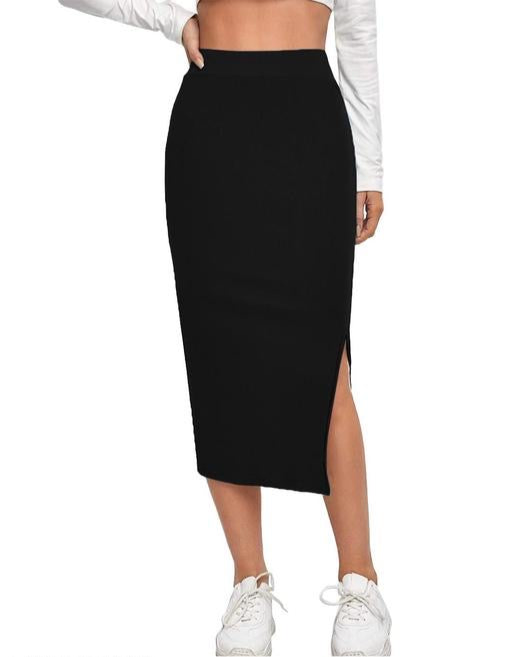 Women's Elastic Waist Pencil Bodycon Midi Skirt - High Waisted with Side Slit below Knee Length Elegance for Women