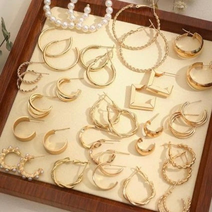 Jewels Galaxy Gold Plated Set Of 18 Pairs Of Hoop And Pearl Earrings