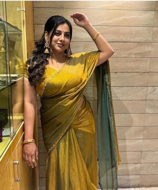 Gold & Rama Green Two-Tone Soft Fancy Chiffon Silk Designer Saree  most viral