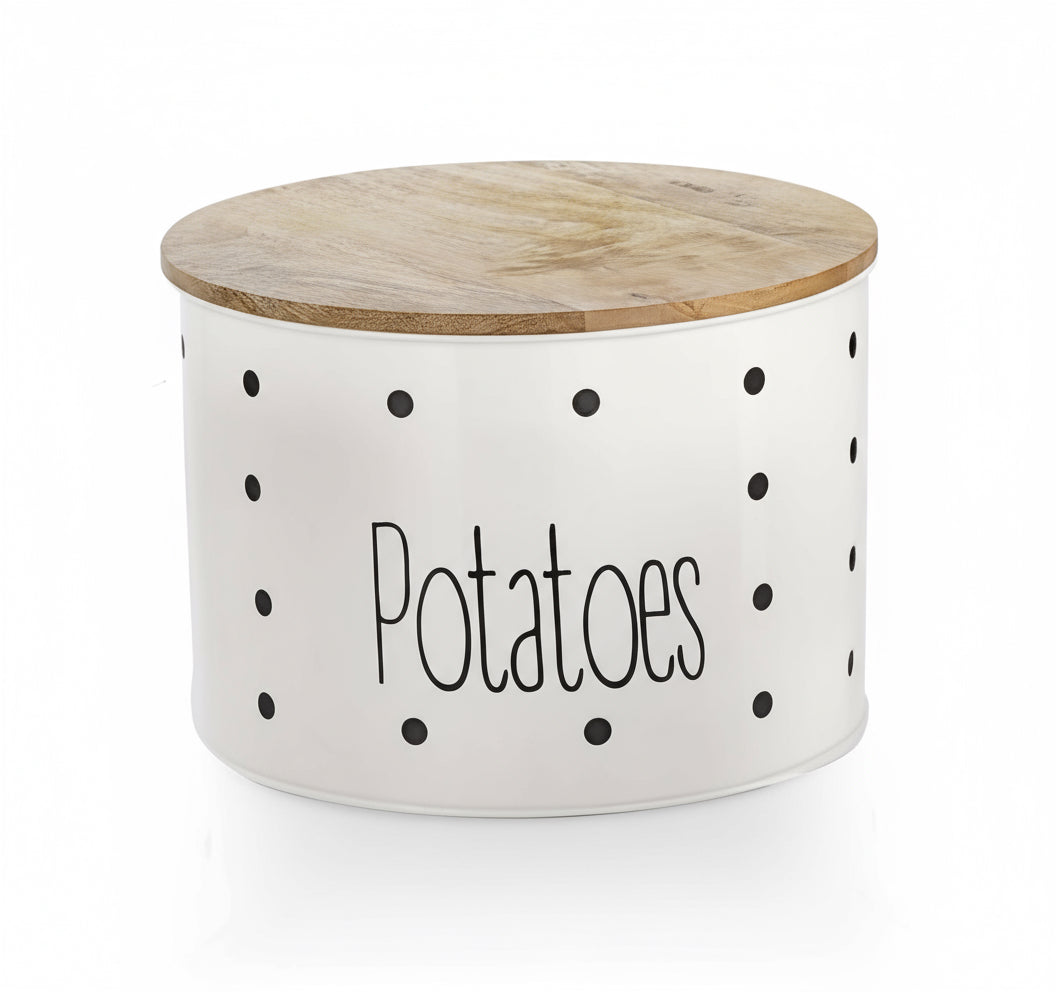 Name: Premium Ventilated White Metal Potato Storage Container with Natural Wooden Lid - Stylish Kitchen Organizer for Extended Freshness of Potatoes, Onions & Garlic