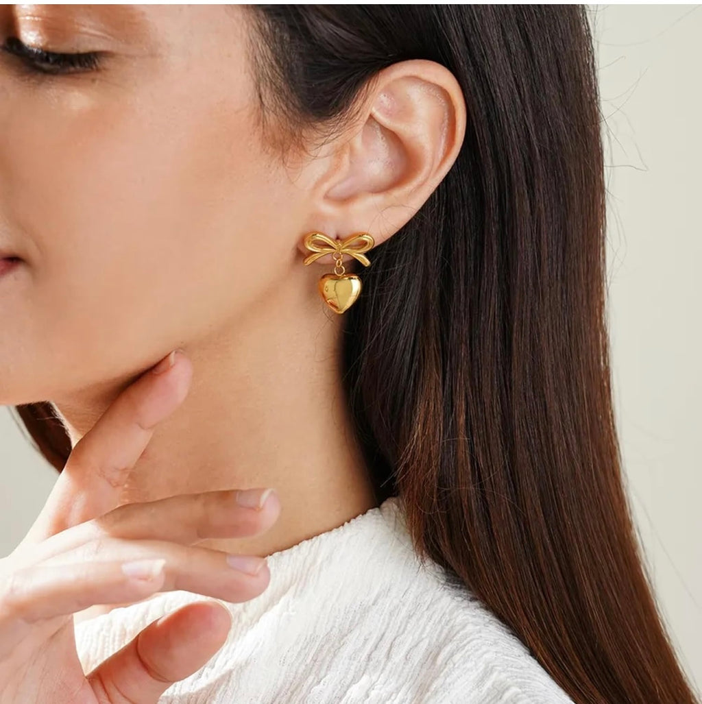 Gold Plated and Anti Tarnish Bow Knot Heart Shape Earrings for Women & Girls | Stylish Party Wear Jewellery