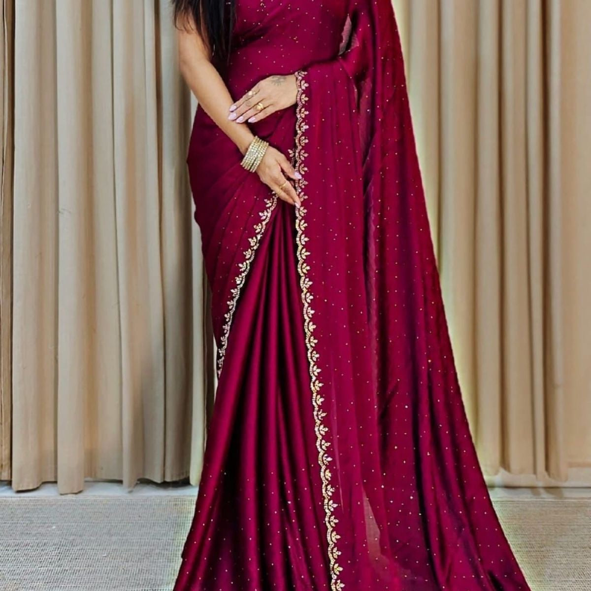 Trending New Satin Silk Saree With Beads And Stone Work Border Lace And Fancy Work Blouse