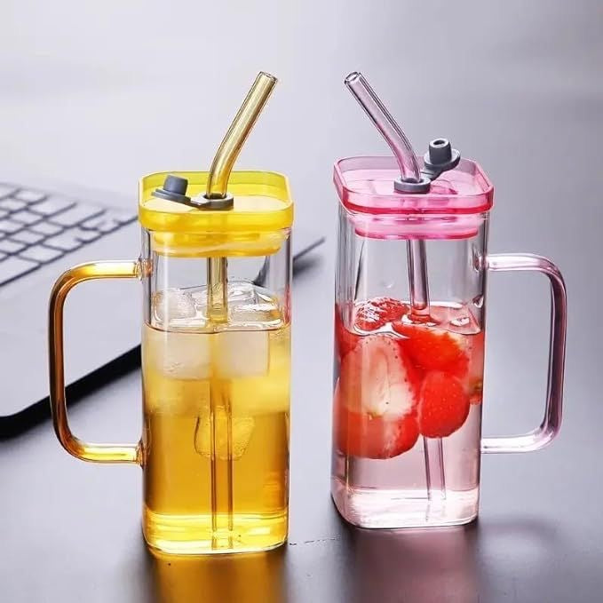 Name: Glass Sipper Square Cup With Glass Straw, Iced Drink, Smoothie, Ice Cream , Influencers Cola Cup |