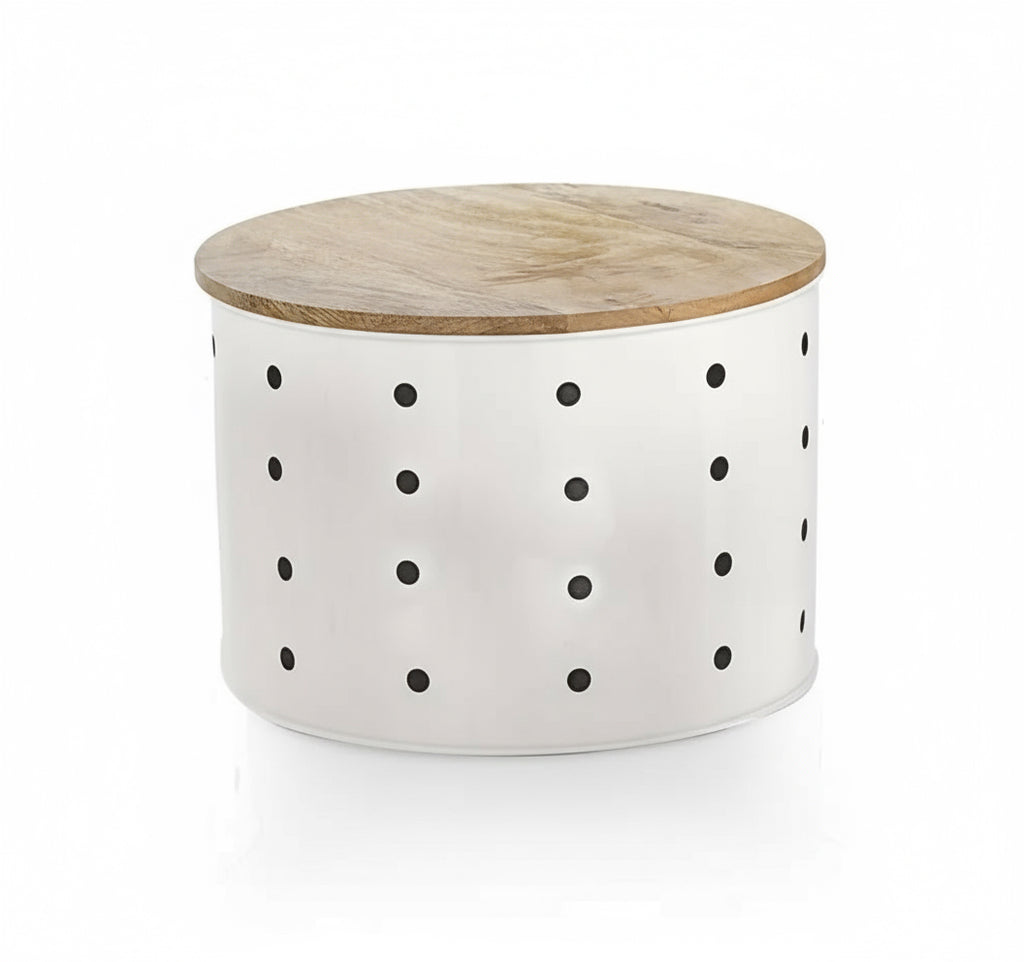 Name: Premium Ventilated White Metal Potato Storage Container with Natural Wooden Lid - Stylish Kitchen Organizer for Extended Freshness of Potatoes, Onions & Garlic