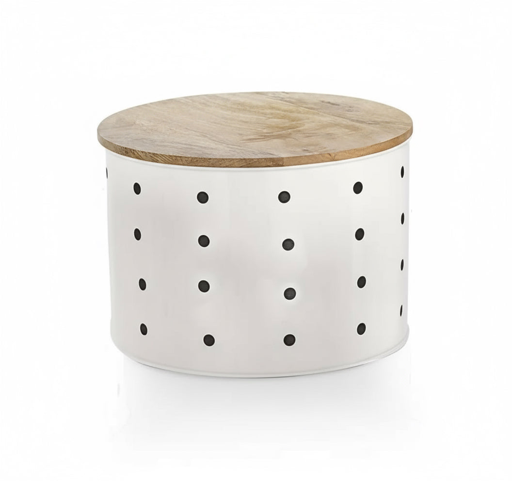 Name: Premium Ventilated White Metal Potato Storage Container with Natural Wooden Lid - Stylish Kitchen Organizer for Extended Freshness of Potatoes, Onions & Garlic