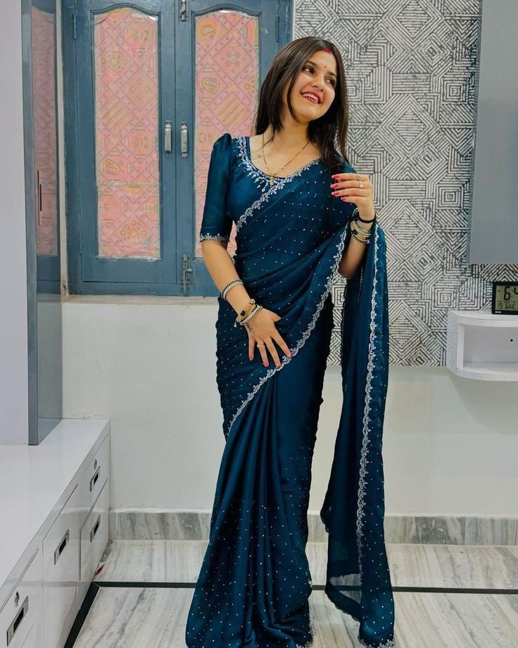 Trending New Satin Silk Saree With Beads And Stone Work Border Lace And Fancy Work Blouse
