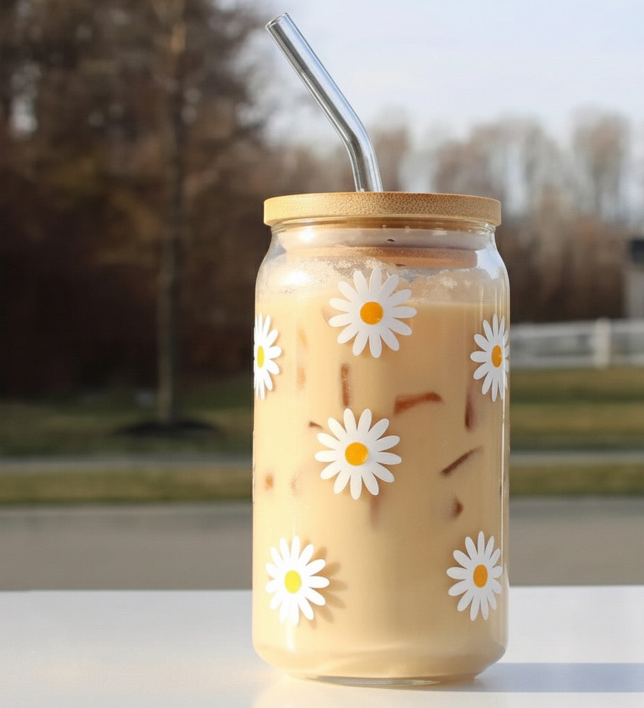 Name: White Daisy Flower Design Glass Tumbler with Bamboo Lid & Reusable Straw |