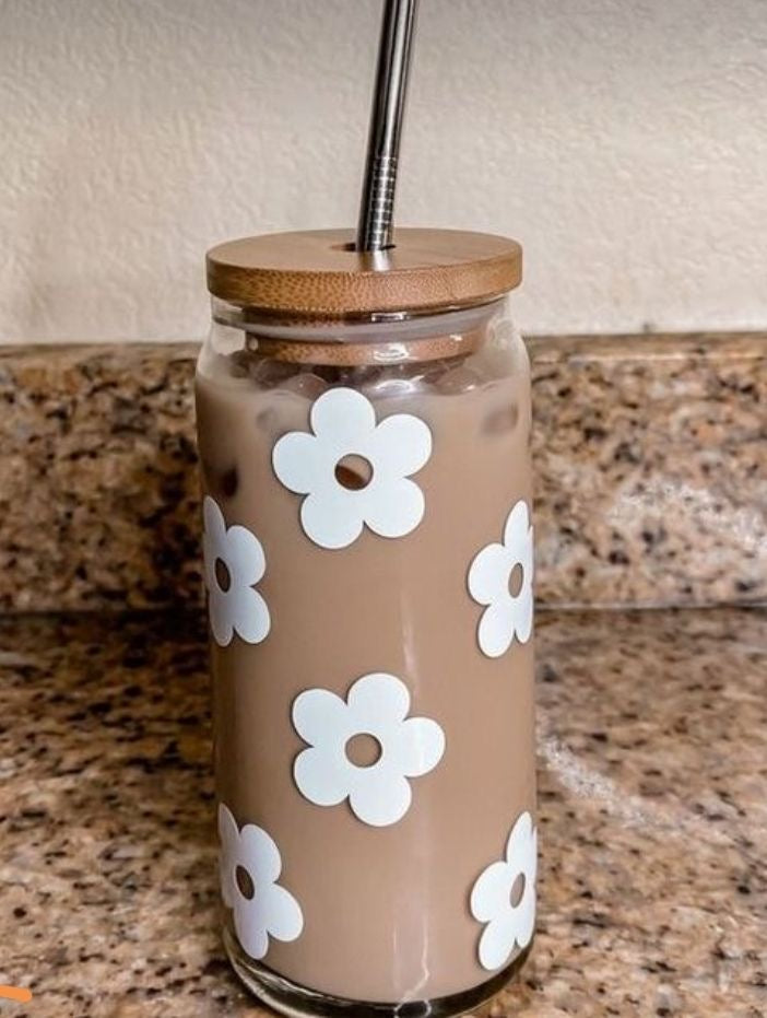 Name: Retro Flower Iced Coffee Glass Can: Boho Floral Soda